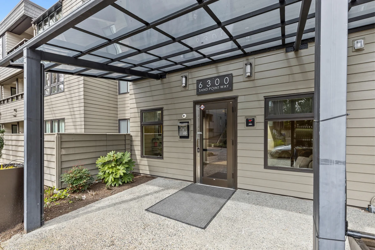 Covered entrance to 6300 Sand Point Way in North Seattle